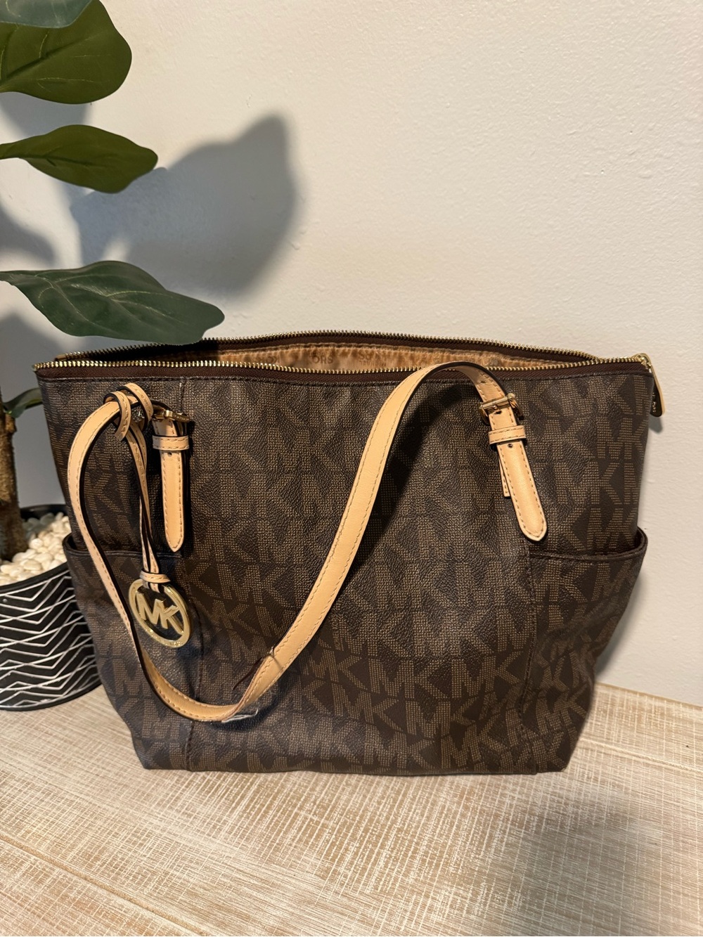 Michael Kors Brown MK Logo Tote with Tan Straps